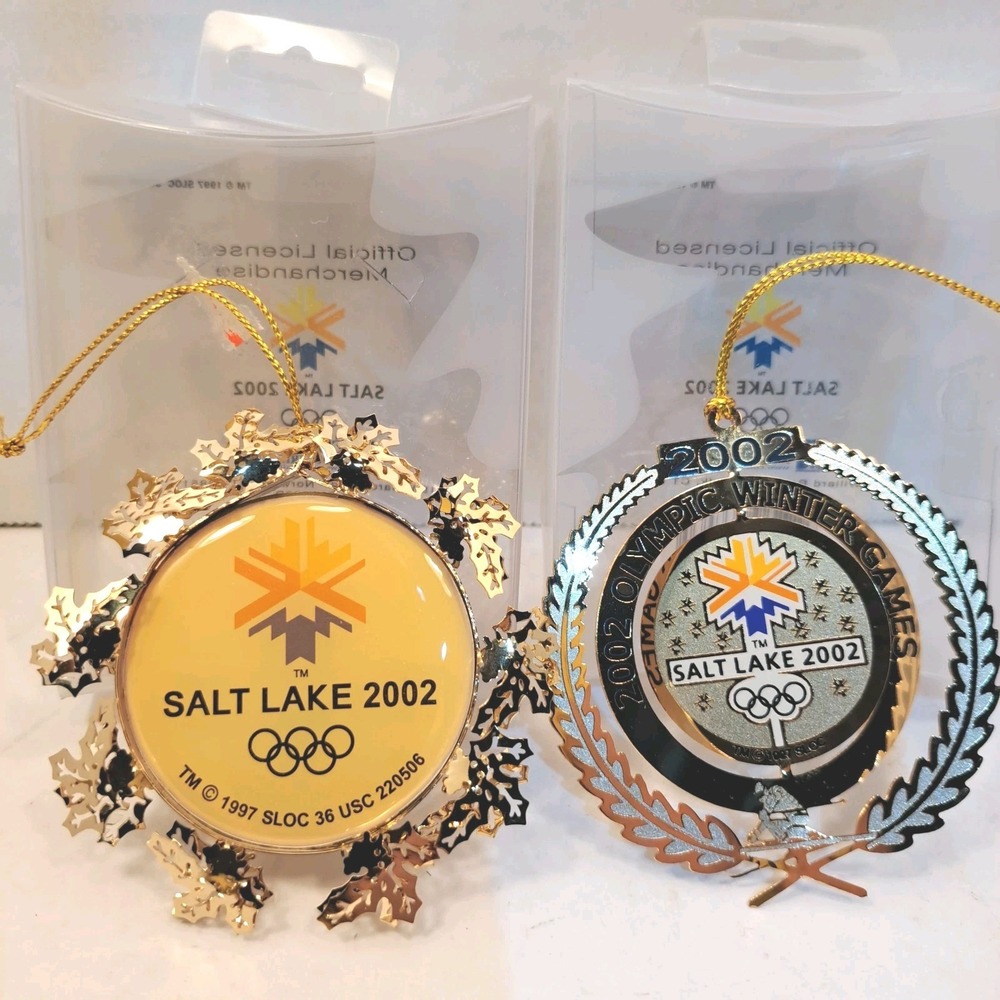 Vintage Salt Lake 2002 Winter Olympics Metal Snowflake Ornaments Set of 2